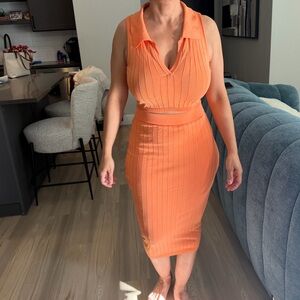Orange Ribbed Two-Piece Skirt Set